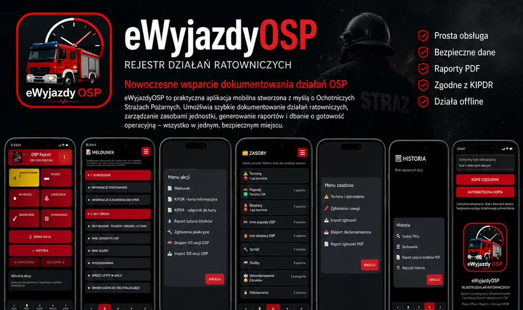 Podgląd aplikacji eWyjazdyOSP na telefonach